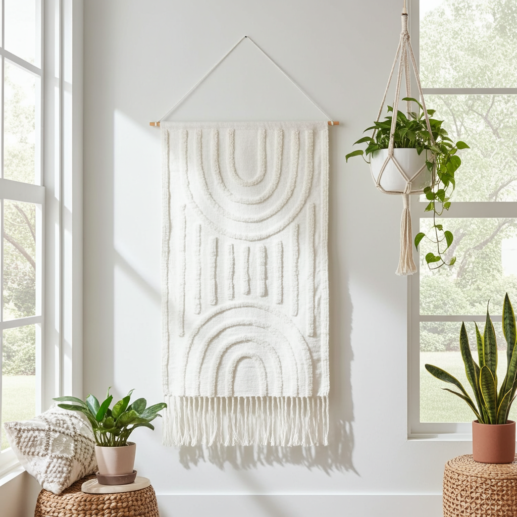 Boho wandkleed katoen XL met hanger gebroken wit 118 cm getuft decoratie