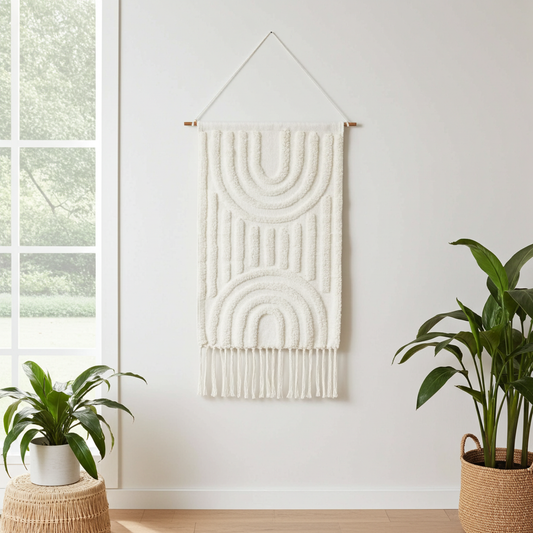 Boho wandkleed katoen met hanger gebroken wit 78 cm getuft decoratie