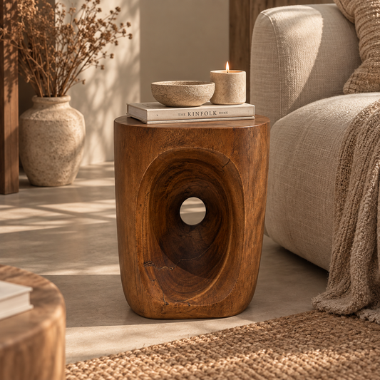 Houten bijzettafel in een warme bruine tint met een bijzondere organische uitsparing. Een compact en sculpturaal woonitem dat functionaliteit en karakter combineert.