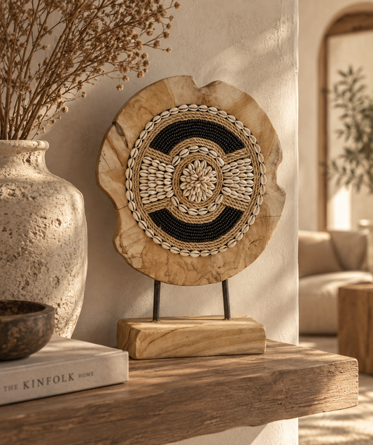 Decoratief rond ornament van teakhout op standaard, afgewerkt met schelpen, gevlochten details en zwarte kralen. Een unieke natuurlijke eyecatcher voor op een kast, dressoir of sidetable.