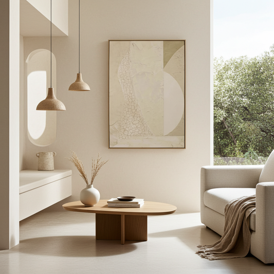 Minimalistische canvas wanddecoratie met lijst beige XL 118 cm