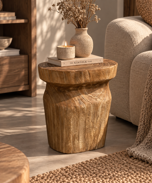 Ovale bijzettafel van paulowniahout in een warme bruine tint. De natuurlijke houtstructuur en afgeronde vorm zorgen voor een rustig en karaktervol accent in je interieur.