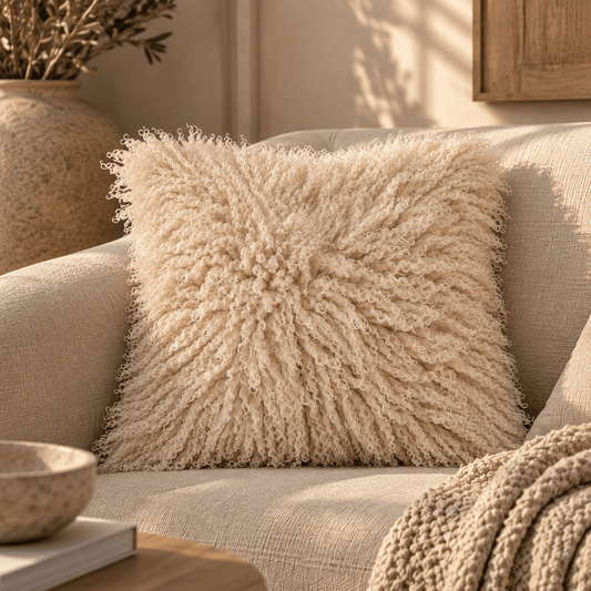 Fluffy sierkussen met krullen beige – 45x45 cm - Youna Label