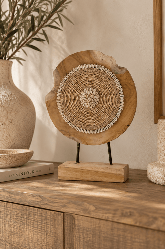 Rond teakhouten ornament met schelpen op standaard – 28x8x38 cm - Youna Label