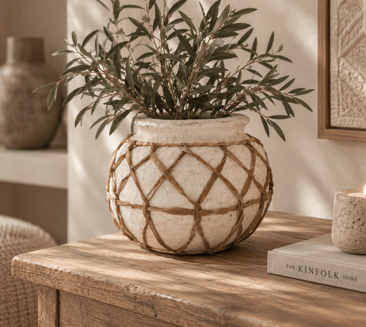 Ronde papier-maché pot met vlechtwerk crème – 26x26x23 cm - Youna Label