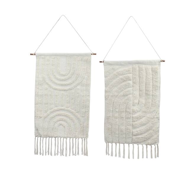 Boho wandkleed katoen met hanger gebroken wit 78 cm getuft decoratie