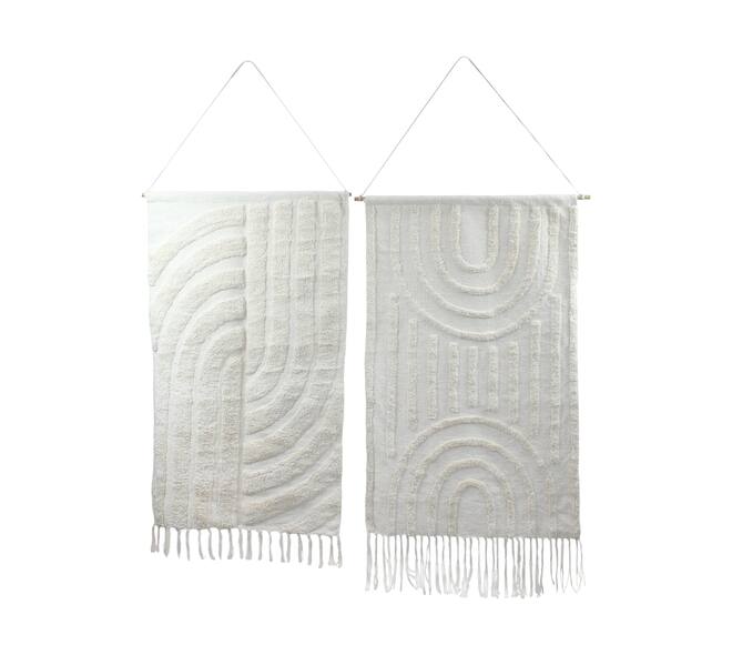 Boho wandkleed katoen XL met hanger gebroken wit 118 cm getuft decoratie