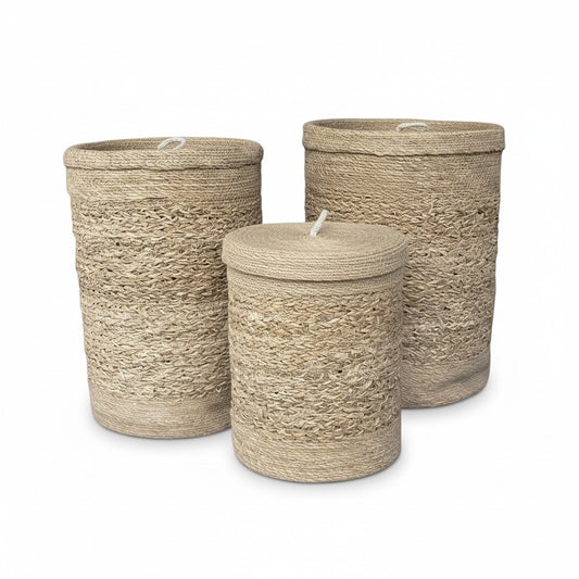 Ronde zeegras manden met deksel naturel/wit set van 3 – 54 cm