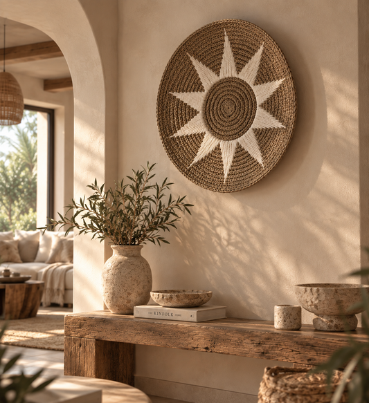 Handgemaakte wanddecoratie uit Bali met een naturel gevlochten structuur en wit zonmotief. De ronde, licht gebogen vorm en het royale formaat van 70 cm maken dit item tot een sfeervolle blikvanger aan de muur.