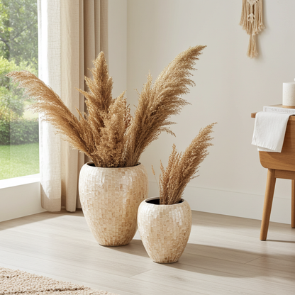 Capiz bamboe bloempotten met inleg bruin set van 2 38 cm