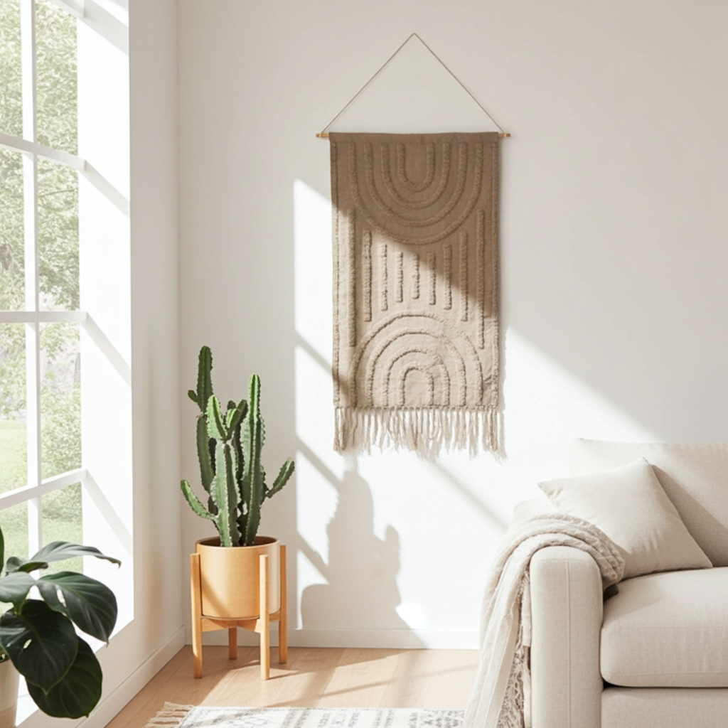 Boho wandkleed katoen XL met hanger bruin 118 cm getuft decoratie