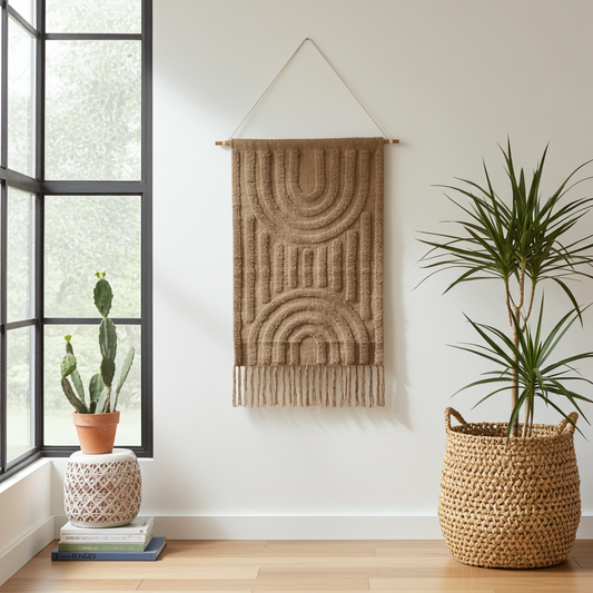 Boho wandkleed katoen met hanger bruin 78 cm getuft decoratie