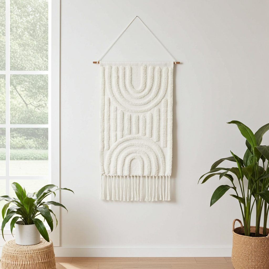 Boho wandkleed katoen met hanger gebroken wit 78 cm getuft decoratie