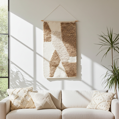 Boho wandkleed XL jute met hanger naturel wit 118 cm