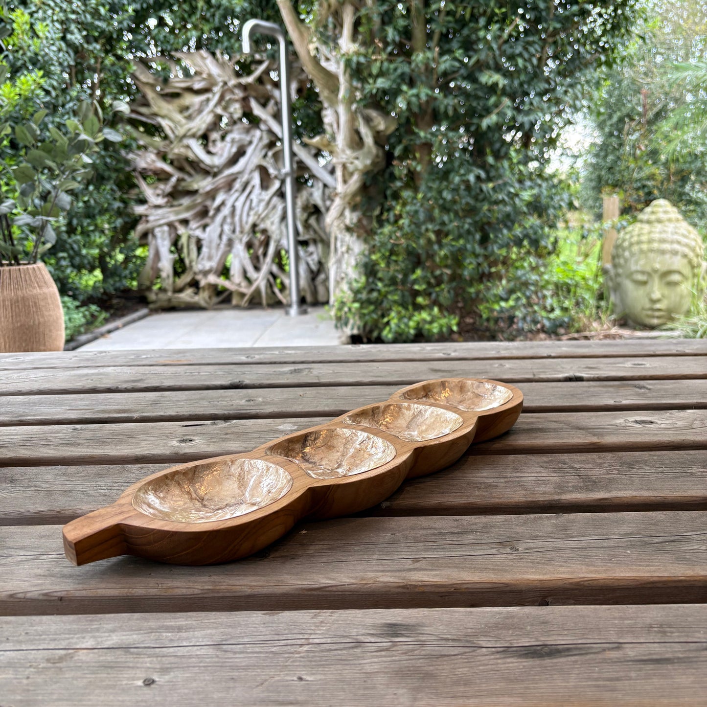 Capiz teakhout schaal naturel goud 42 cm decoratief