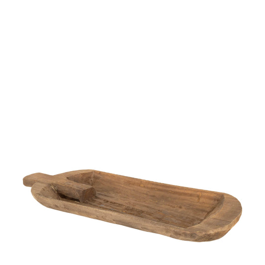 Royale langwerpige schaal van gerecycled hout met een warme, doorleefde uitstraling. Met zijn formaat van 78x35 cm een karaktervolle blikvanger op tafel of dressoir.