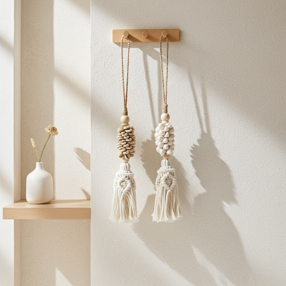 Macramé hanger met schelpen naturel set van 2 40 cm
