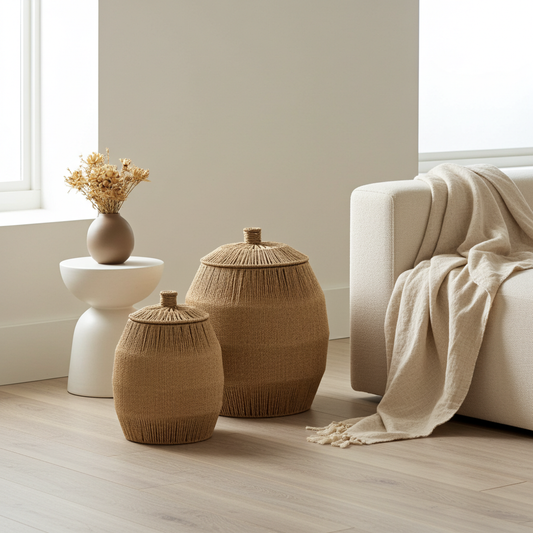 Ronde jute manden naturel set van 2 opbergmanden