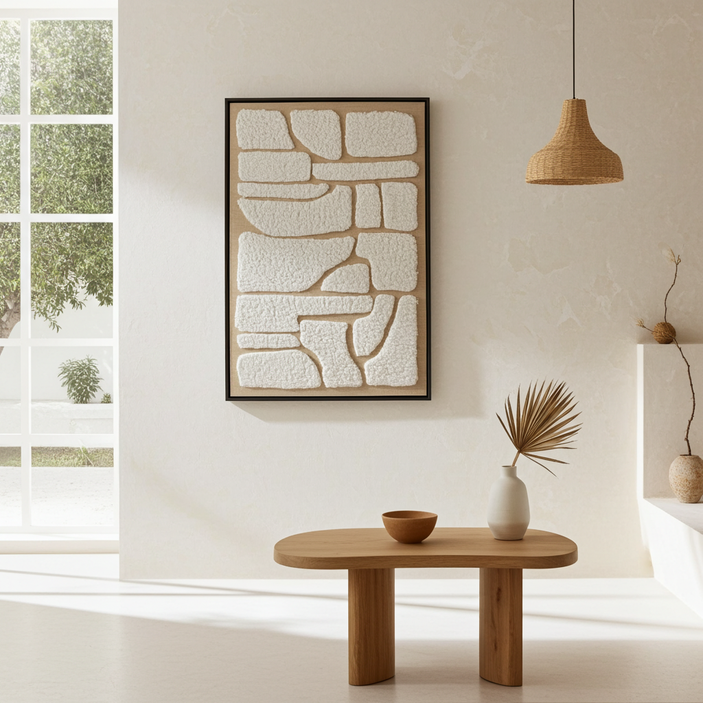 Minimalistische wanddecoratie canvas met wol en frame beige 93 cm