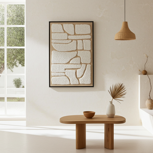 Minimalistische wanddecoratie canvas met wol en frame beige 93 cm