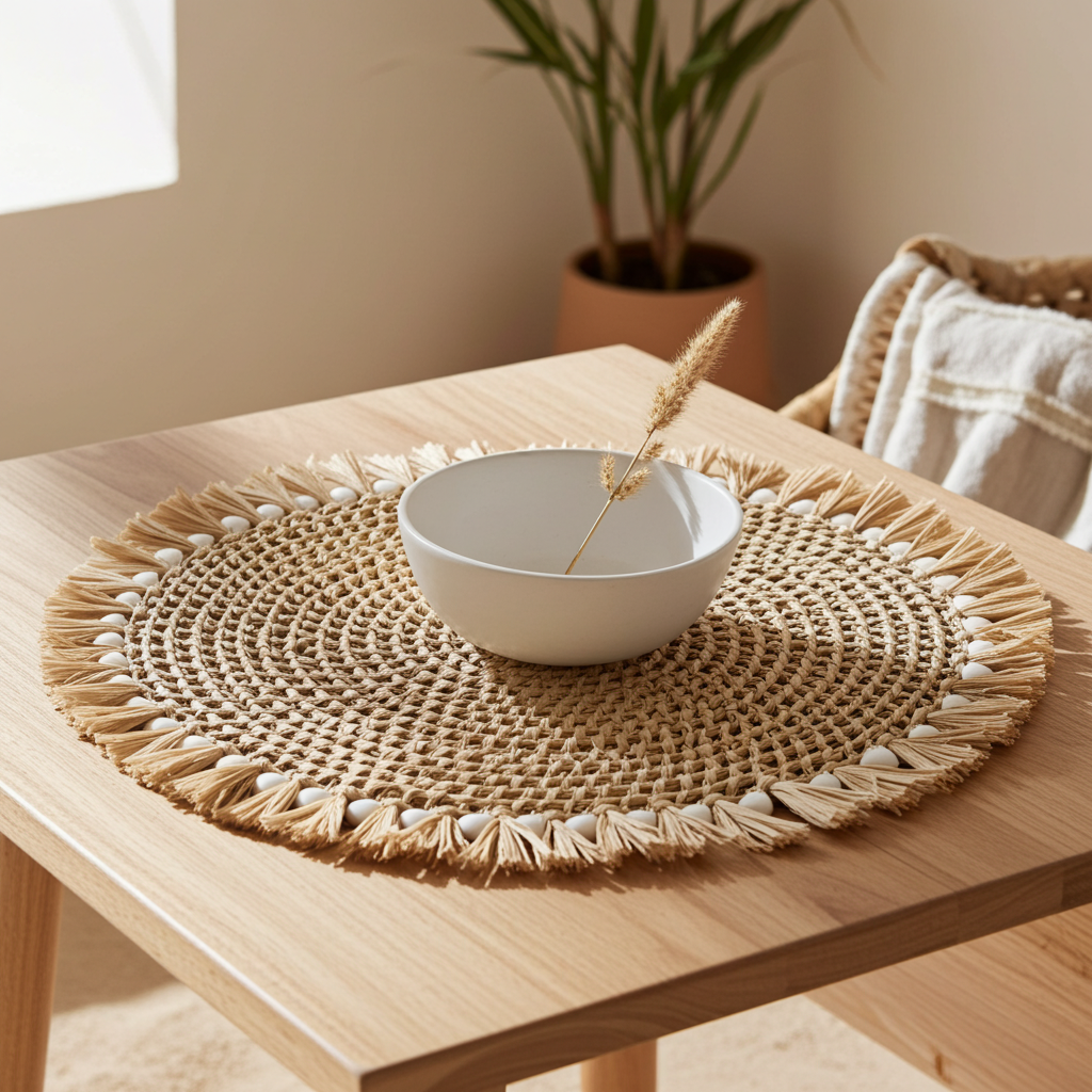 Placemat raffia met schelpen naturel Ø38 cm