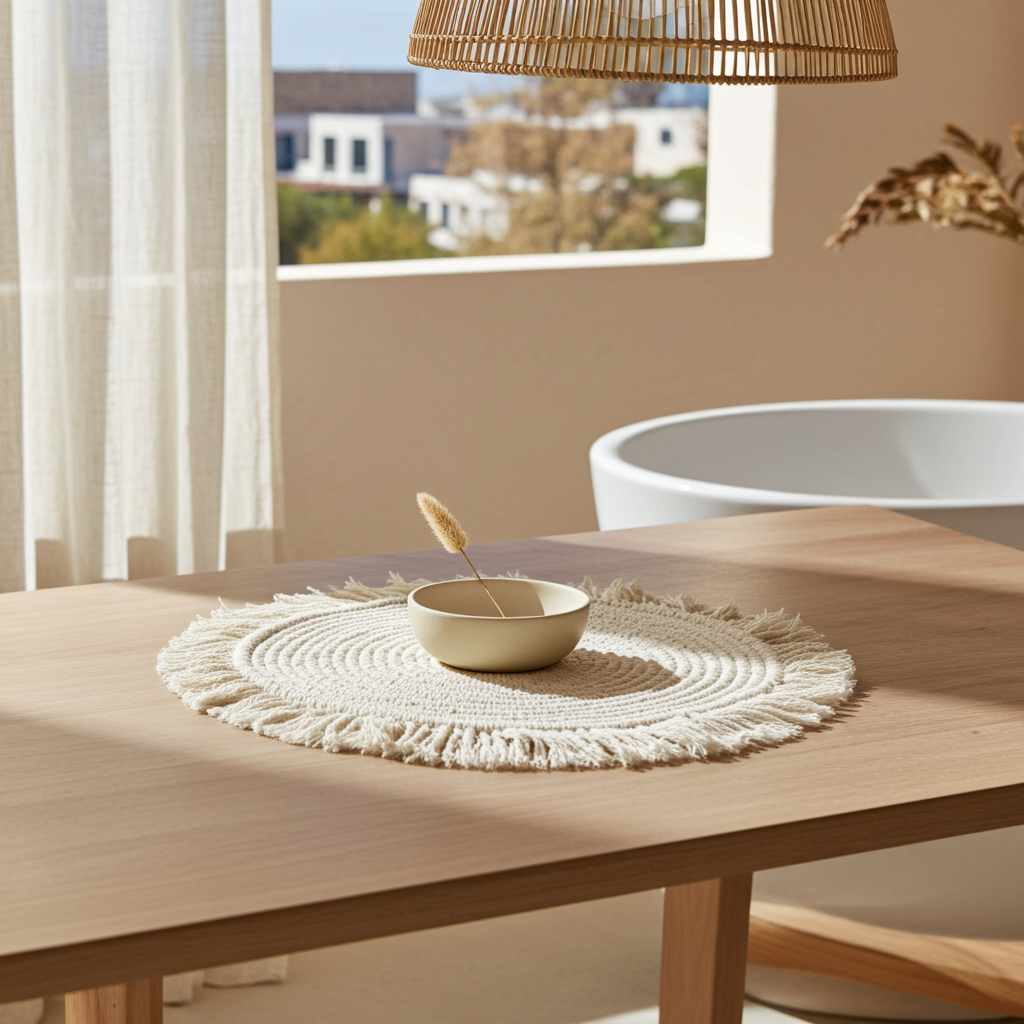Placemat rond stof met franjes crème Ø13 cm