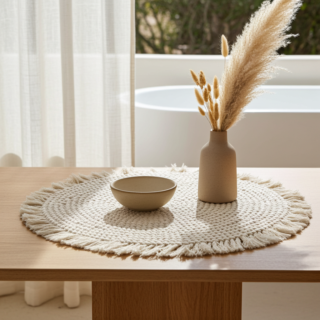 Placemat rond stof met franjes crème Ø28 cm