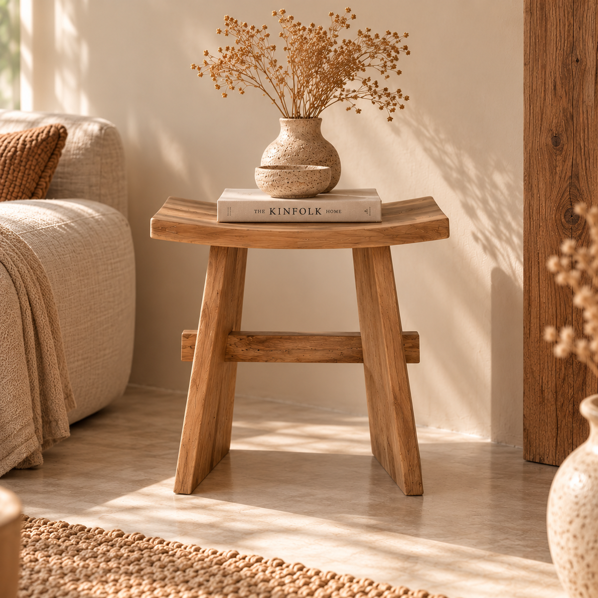 Teakhouten kruk 49x29x50 cm van massief hout, natuurlijke houten kruk als bijzettafel of decoratief meubel in interieurstijl