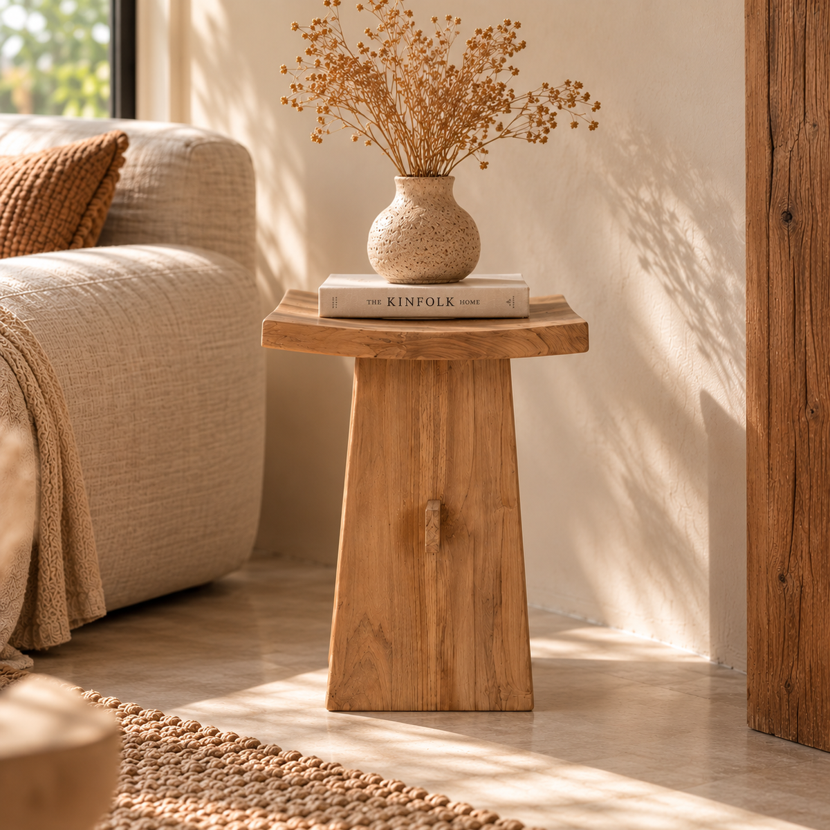 Teakhouten kruk 49x29x50 cm van massief hout, natuurlijke houten kruk als bijzettafel of decoratief meubel in interieurstijl