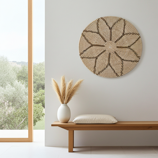 Zeegras wanddecoratie wit zwart rond 58 cm