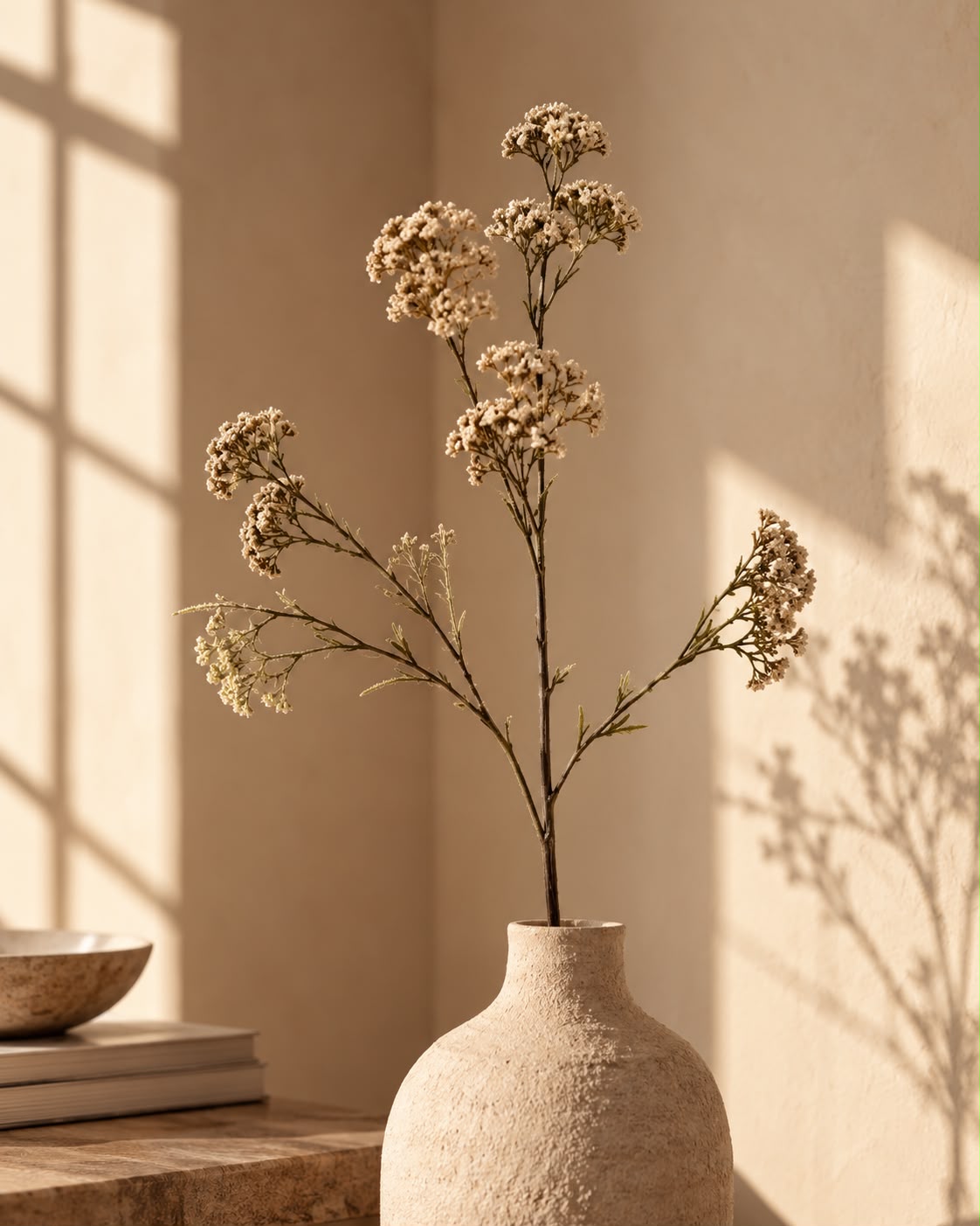 Breng een warme en natuurlijke sfeer in huis met de Achillea kunsttak in crème van Youna Label. Deze decoratieve kunsttak van 60 cm heeft fijne bloemdetails en is prachtig als losse tak in een vaas of gecombineerd als vol boeket. Een stijlvolle kunstbloem voor de woonkamer, eettafel, kast of dressoir.