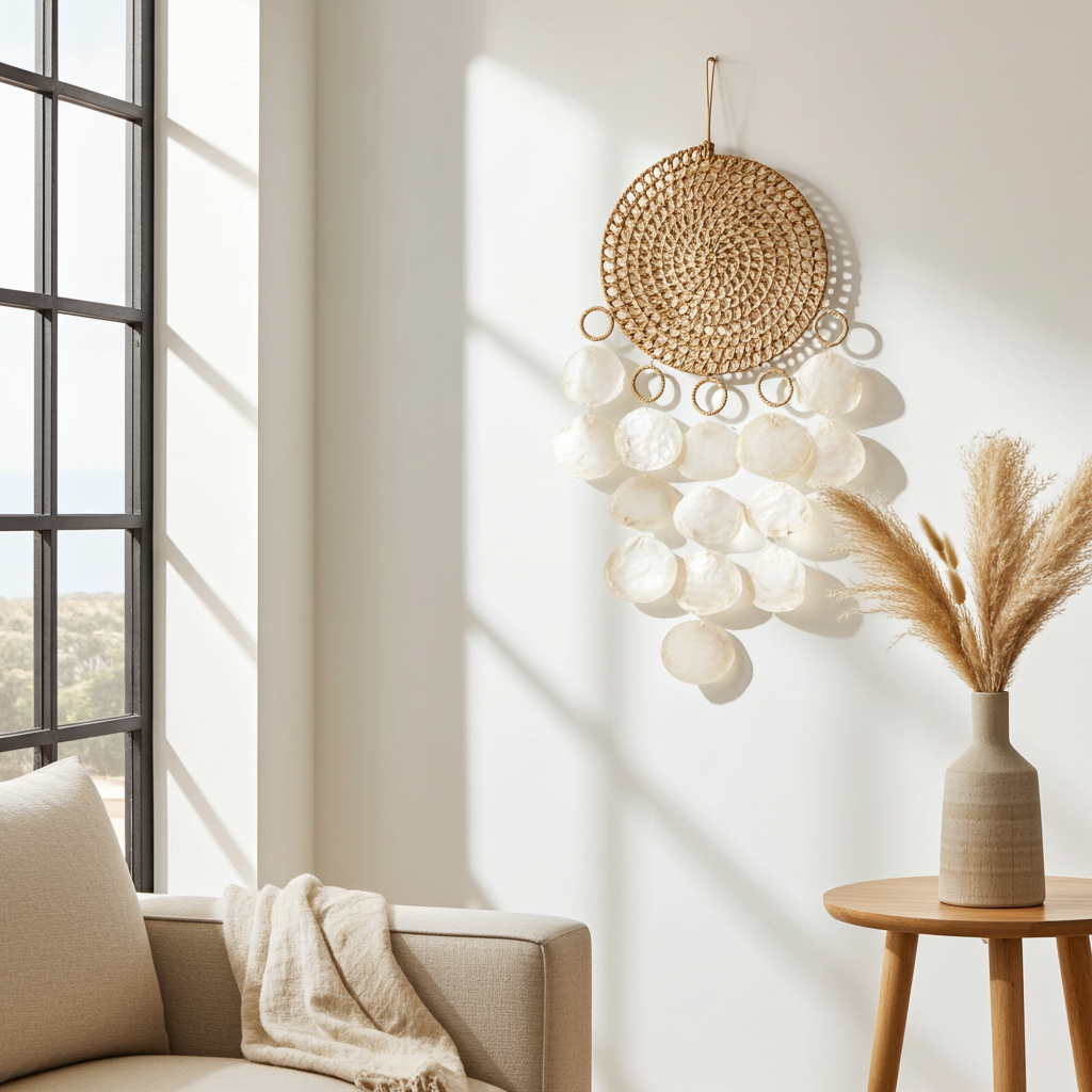 XL rattan capiz wandhanger breed naturel 70 cm decoratie