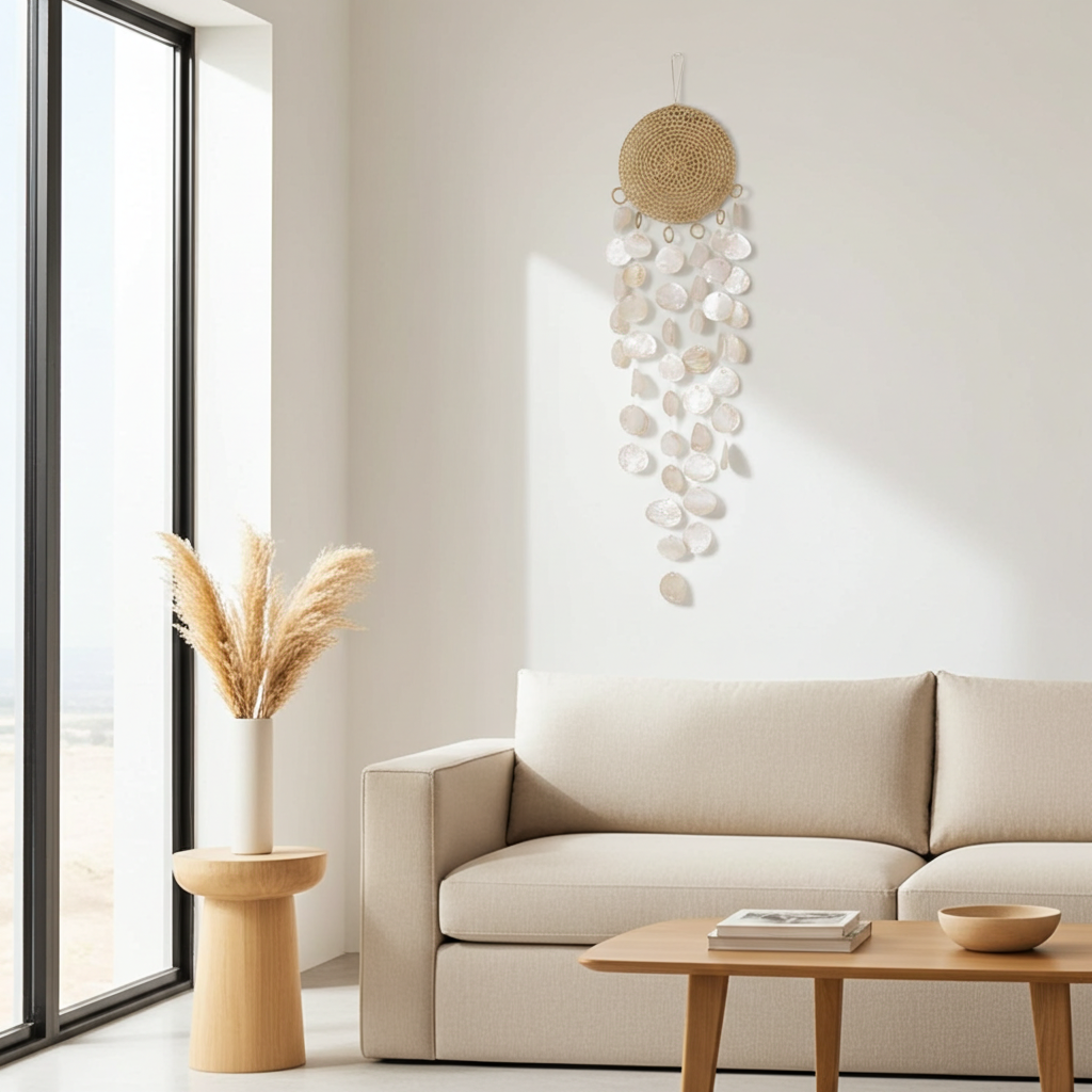 XL rattan capiz wandhanger naturel 150 cm extra lang decoratie