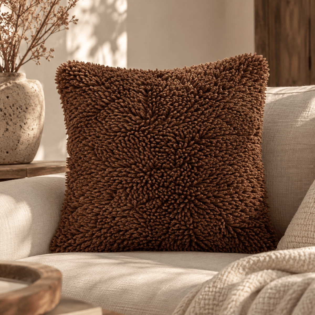 Fluffy sierkussen donkerbruin – 45x45 cm - Youna Label