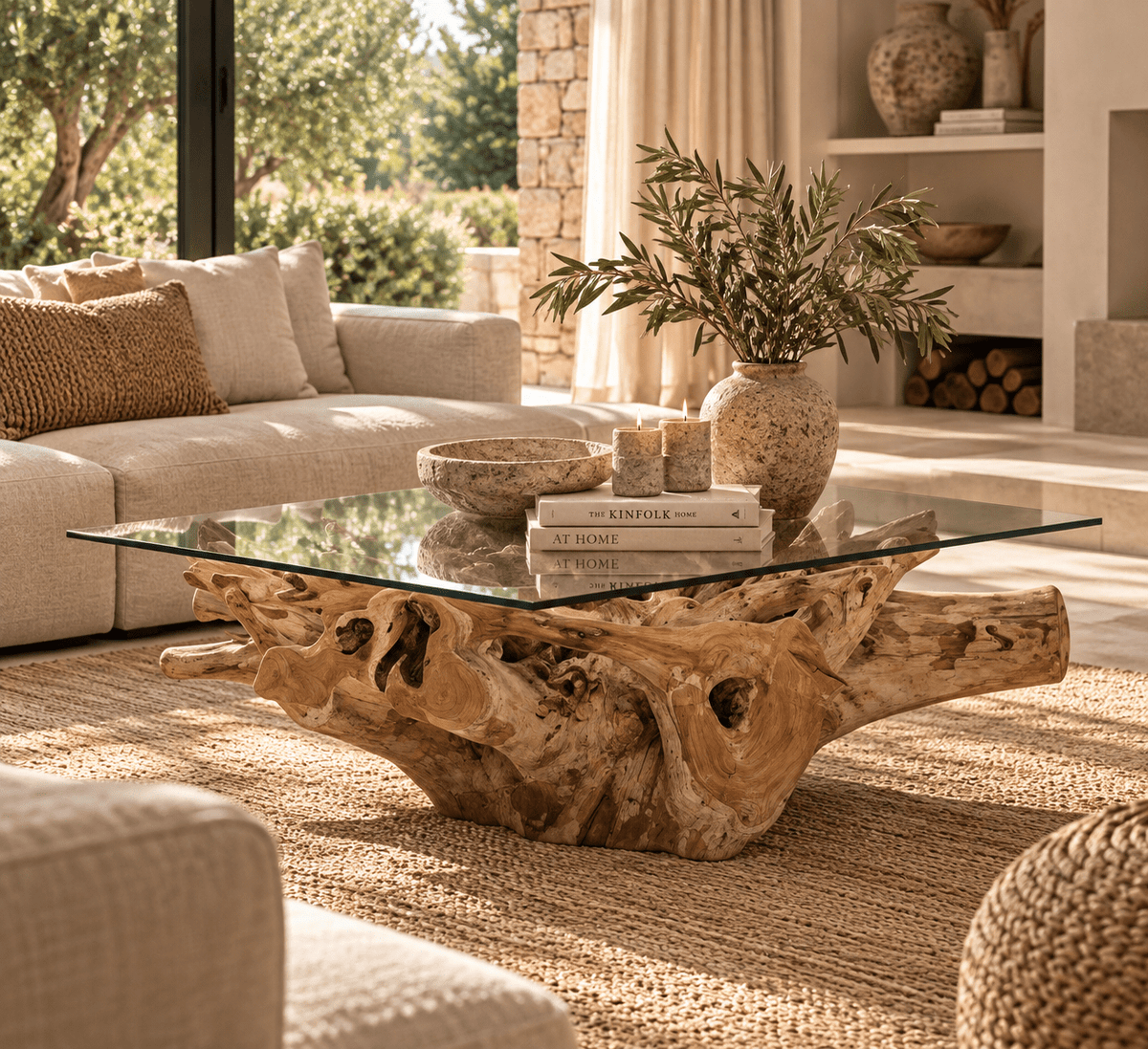 Rechthoekige wortelhouten salontafel met glas – 125 cm - Youna Label