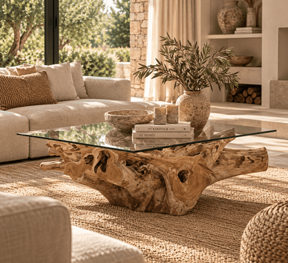 Rechthoekige wortelhouten salontafel met glas – 125 cm - Youna Label