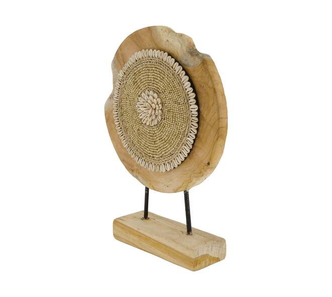 Rond teakhouten ornament met schelpen op standaard – 28x8x38 cm - Youna Label