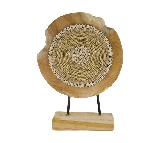 Rond teakhouten ornament met schelpen op standaard – 28x8x38 cm - Youna Label