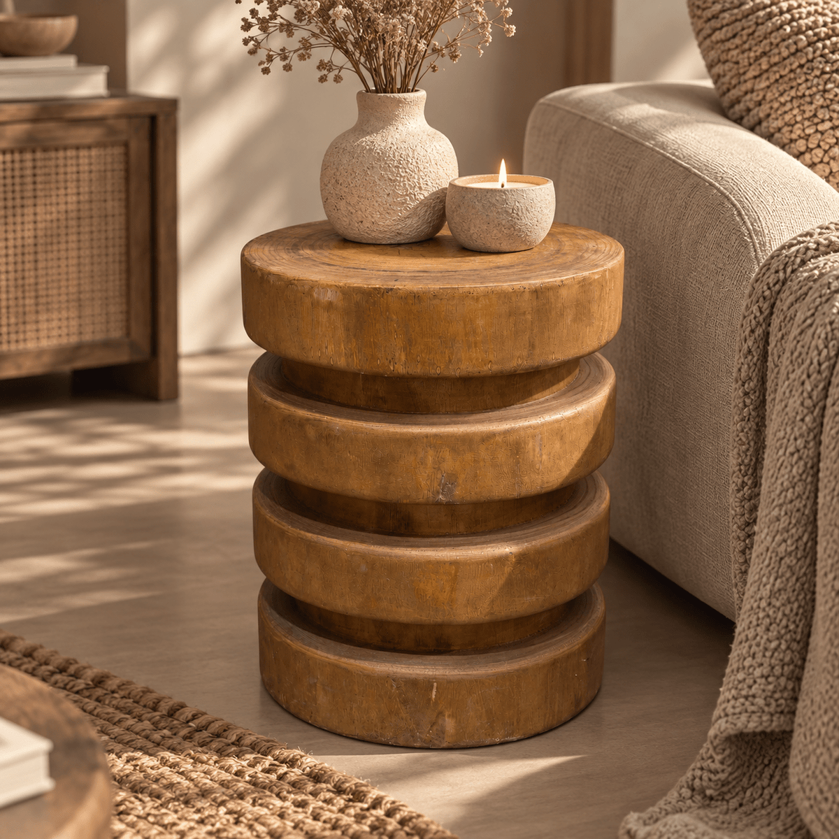 Ronde houten bijzettafel met ribbels bruin – 38x38x48 cm - Youna Label