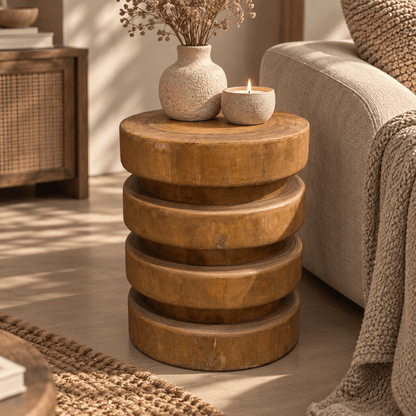 Ronde houten bijzettafel met ribbels bruin – 38x38x48 cm - Youna Label
