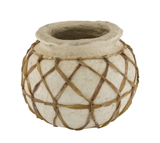Ronde papier-maché pot met vlechtwerk crème – 26x26x23 cm - Youna Label