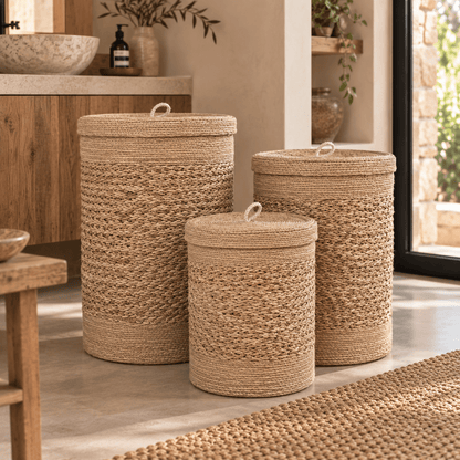 Ronde zeegras manden met deksel naturel/wit set van 3 – 54 cm - Youna Label