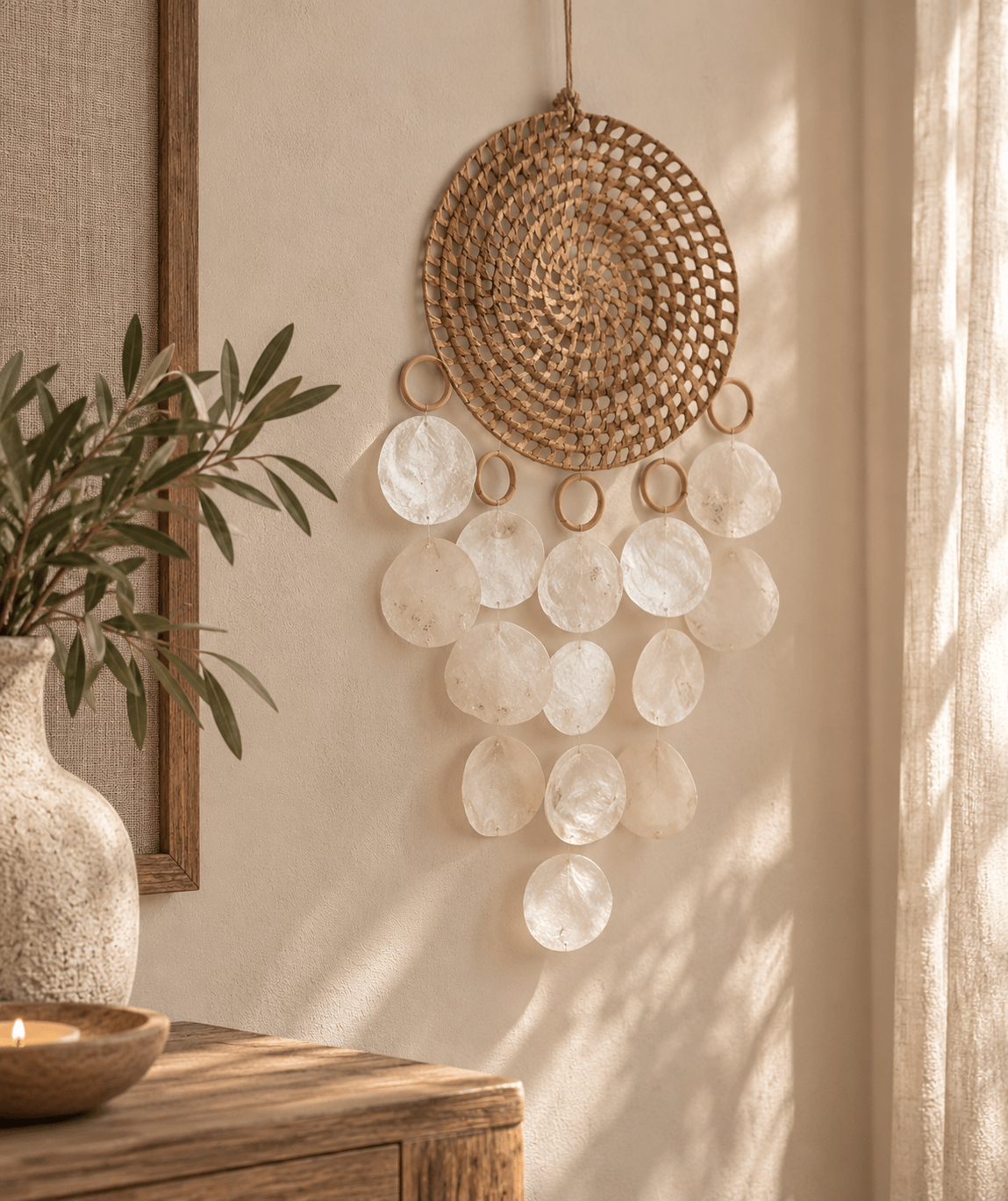 Rotan wandhanger met capiz schelpen naturel – 30x5x70 cm - Youna Label