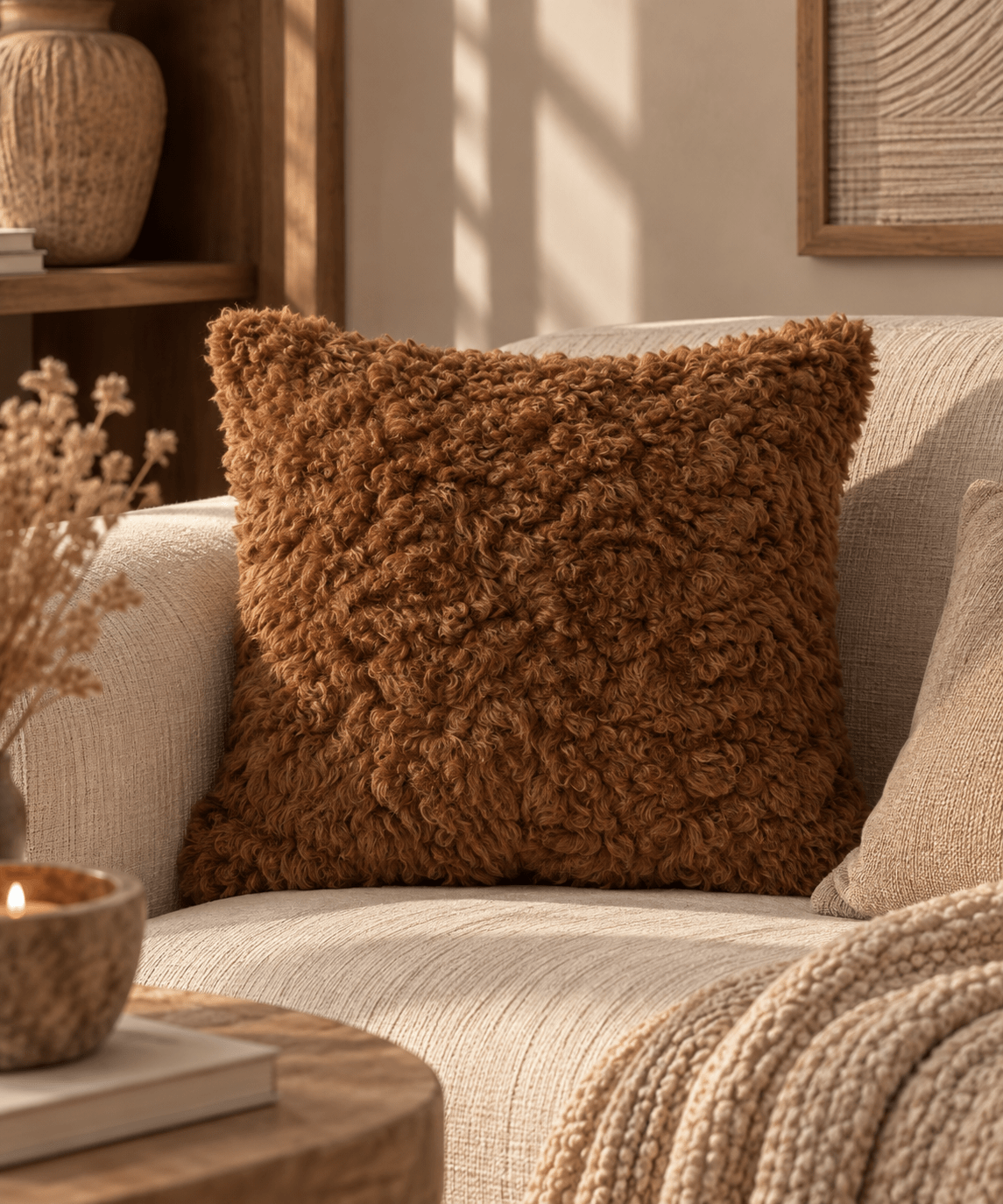 Sierkussen bruin met fluffy rand – 45x45 cm - Youna Label